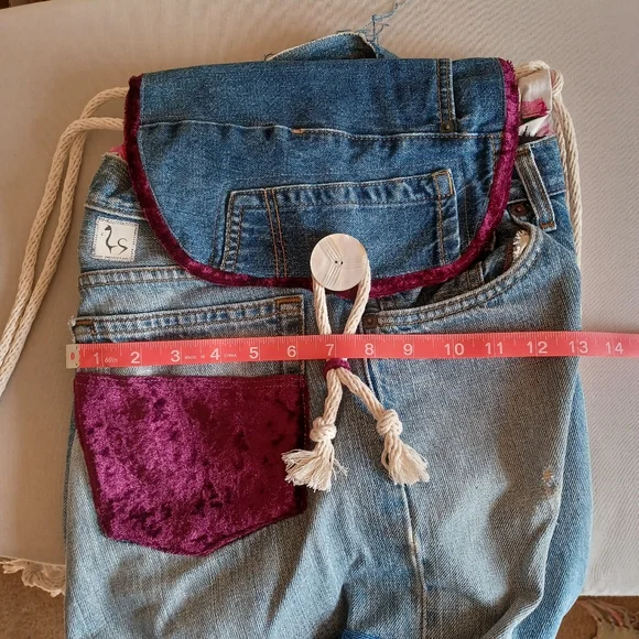Handmade Original Design Upcycled Jeans Denim Drawstring Backpack Floral Lining - Picture 12 of 14